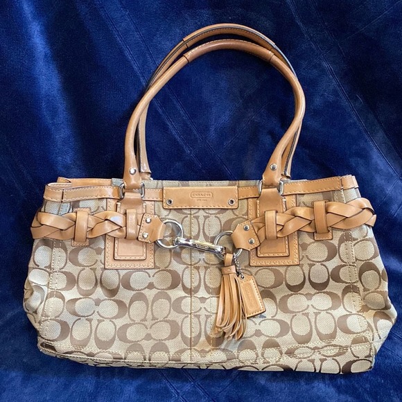Coach Large Tan Hampton Signature Carryall Tote Purse with Braid Accents #F13068 - Picture 1 of 10